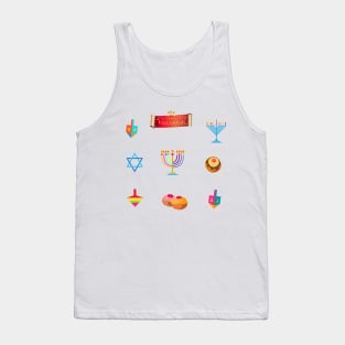 Jewish Holiday Hanukkah Menorah traditional Chanukah symbols - wooden dreidels (spinning top), Torah, donuts, menorah candles, oil jar, star David glowing lights pattern Kids Party Tank Top